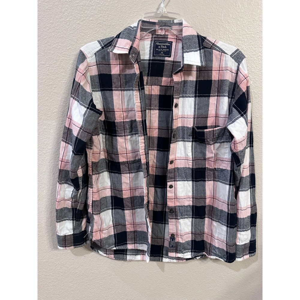 Abercrombie & Fitch Womens XS Plaid Flannel Shirt Pink Black White Casual